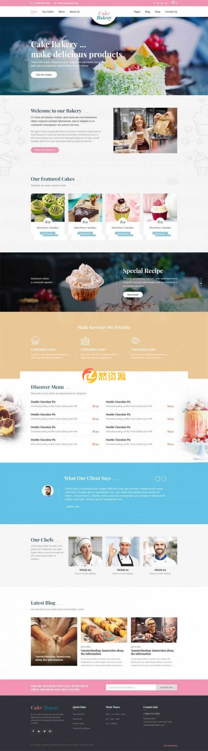 粉色卡通响应式蛋糕面包店外卖预订设计师类网站html模板